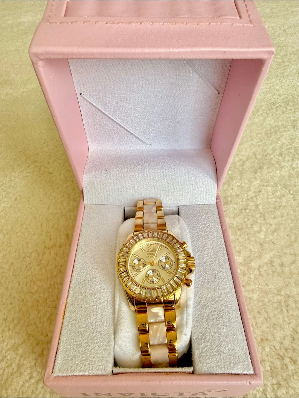 Invicta Gold and Cream Crystal-Trim Women's Bracelet Watch in pristine condition